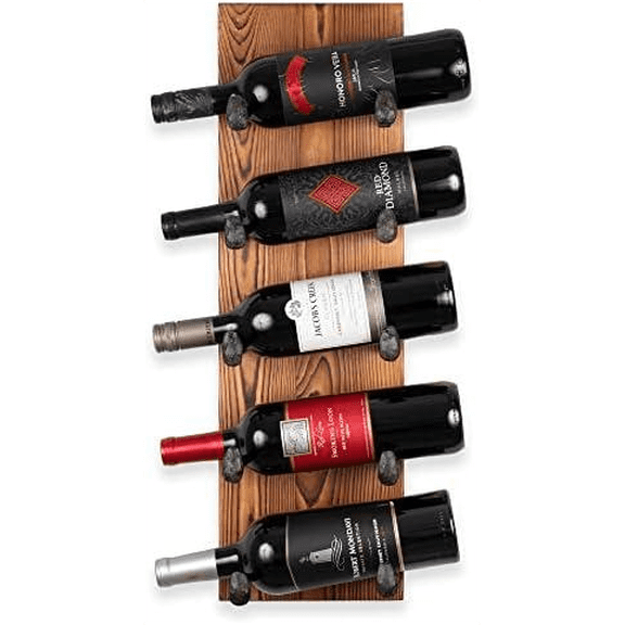 Alicante Wall Mounted Reclaimed Wood Vertical Wine Rack Holder Shelf Organizer with Railroad Spike Cast Iron Hooks for 5 Bottles - Home, Kitchen, Dining Room Bar Dcor - Walnut