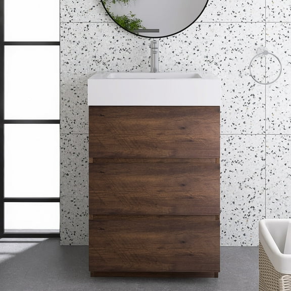 Alice 24" Large Storage Freestanding Bathroom Vanity in Walnut with White Basin