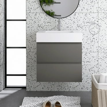 Alice 24" Wall Mounted Floating Bathroom Vanity in Gray with White Basin