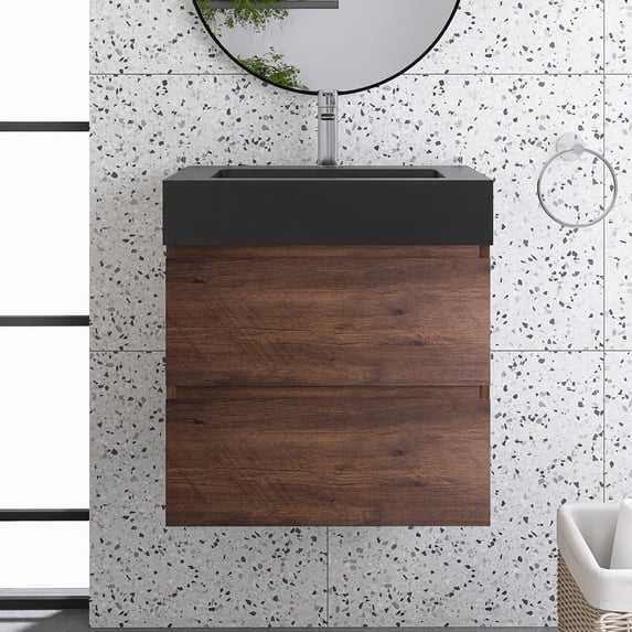 Alice 24" Wall Mounted Floating Bathroom Vanity in Walnut with Black Basin