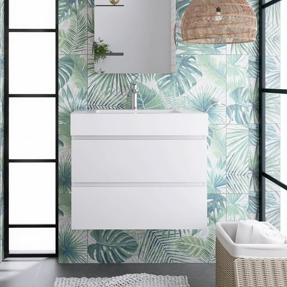 Alice 30" Wall Mounted Floating Bathroom Vanity in White with White Basin