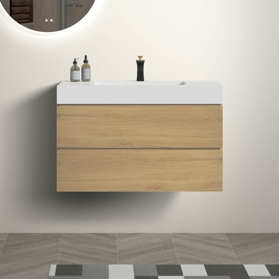Alice 36" Wall Mounted Floating Bathroom Vanity in Natural Oak with White Basin