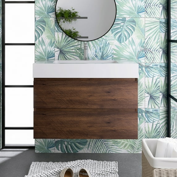 Alice 36" Wall Mounted Floating Bathroom Vanity in Walnut with White Basin