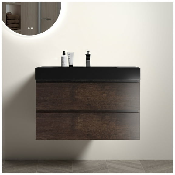 Alice 36" Walnut Bathroom Vanity with Sink, Large Storage Wall Mounted Floating Bathroom Vanity for Modern Bathroom, One-Piece Black Sink Basin without Drain and , Pre-assembled