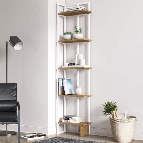 Alice 71" 5-Shelf Corner Bookcase, White Oud