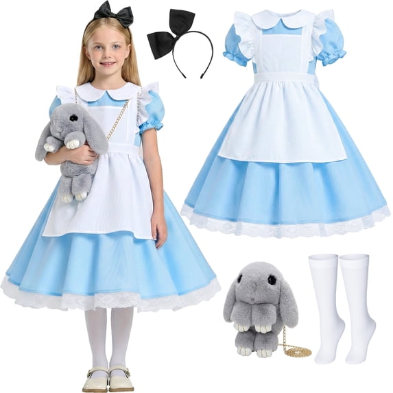 Blue Maid Costume for Girls with Apron Rabbit Bag, Wonderland Fancy Dress World Book Day