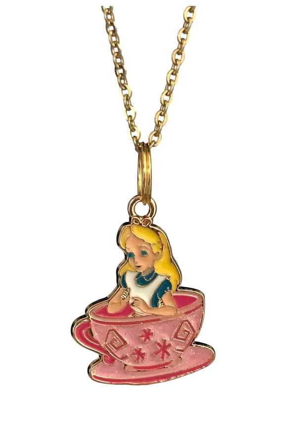 Cartoon Pendant Necklace Alice in Teacup Enamel Metal Charm