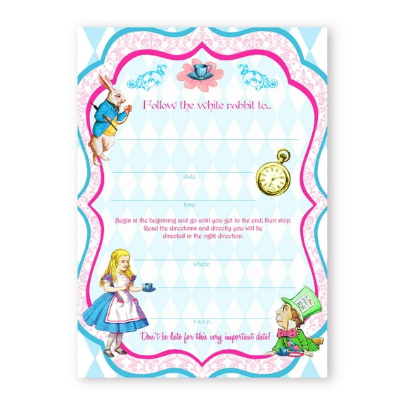 Alice In Wonderland Classic LARGE Invitations - 10 Invitations + 10 Envelopes