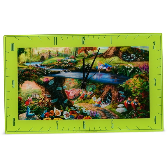 Alice In Wonderland Disney Kinkade Floral Green 16 x 10 Glass Rectangular Wall Clock