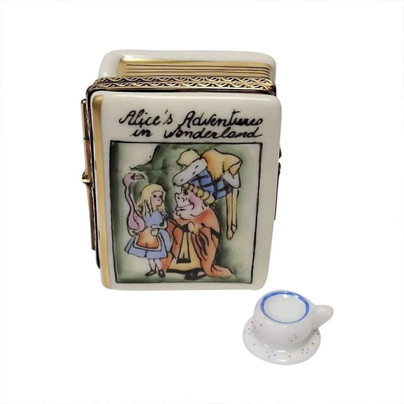 Alice in Wonderland Book with Tea Cup Limoges Box Keepsake Limoges Box Porcelain Figurine