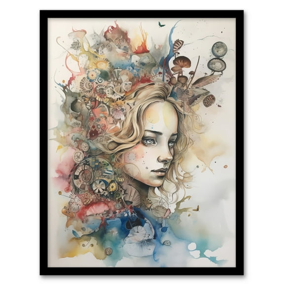 Alice In Wonderland Portrait Watercolour Illustration Whimsical Magical Adventure Painting Art Print Framed Poster Wall Decor 12x16 inch