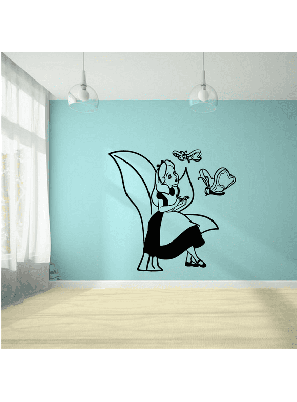 Alice In Wonderland Alice Sitting On A Flower Cute Fun Boys And Girls Room Wall Sticker Vinyl Decal Home Decor For Boys/Girls Children Room Home Bedroom Decoration Sticker Size (18x20 inch)