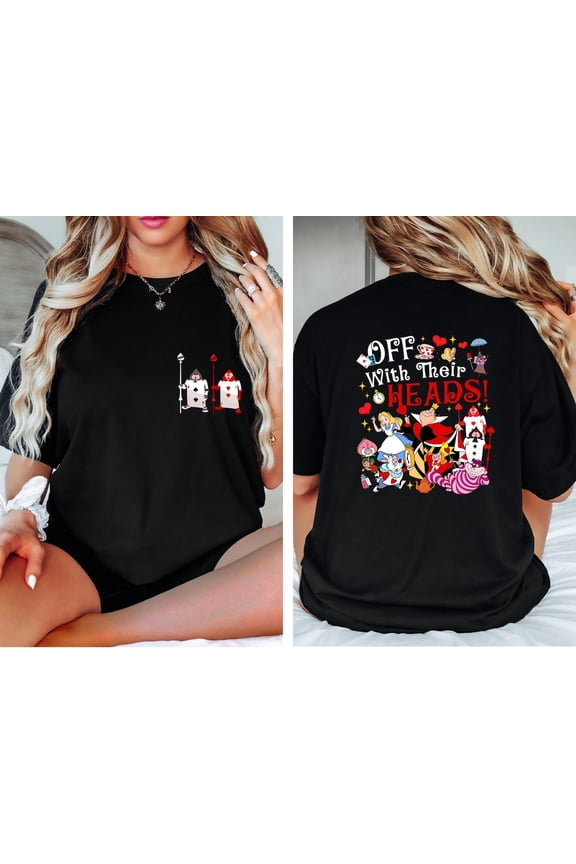 Alice In Wonderland Villain Off With Their Heads T-Shirt, Queen Of Hearts Villain, Card Soldiers, Disneyland Family Tees,Black color,size L