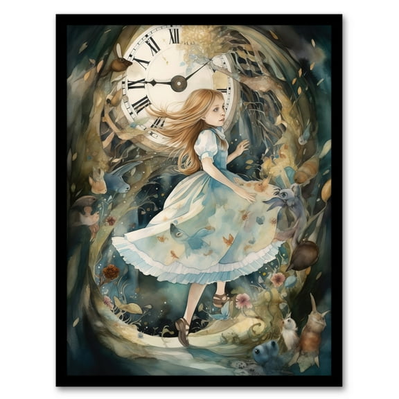 Alice In Wonderland Watercolour Down The Rabbit Hole Whimsical Magical Adventure Painting Art Print Framed Poster Wall Decor 12x16 inch