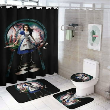Alice Madness Returns 4 Pcs Shower Curtain Sets with Non-Slip Rugs, Toilet Lid Cover and Bath Mat, Cartoon Kids Waterproof Shower Curtain with 12 Hooks, Durable Bathroom Decor 72" x 72"