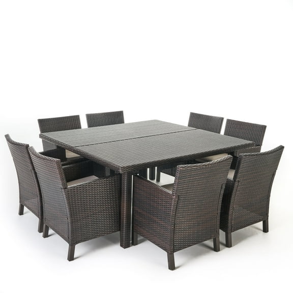 GDF Studio Alice Outdoor Wicker 9 Piece Square Dining Set with Cushion, Multibrown and Light Brown