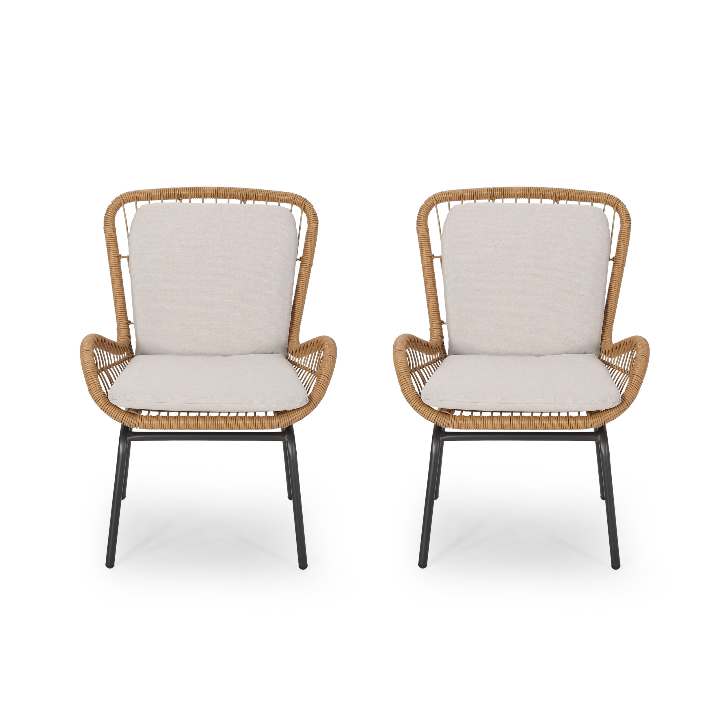 Light Brown and Beige Wicker Club Chair Set with Cushions