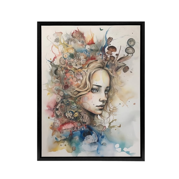 Alice Portrait in Wonderland Black Framed Canvas Wall Art Print 12X16"