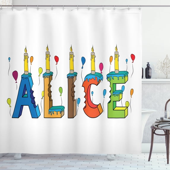 Alice Shower Curtain, Colorful Girl Name with Balloons Bitten Letters Candles Cartoon Style Illustration, Fabric Bathroom Set with Hooks, 69W X 70L Inches, Multicolor, by Ambesonne