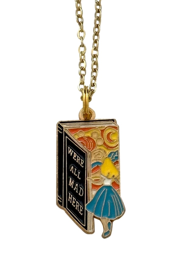Alice We're All Mad Here Necklace Enamel Metal Book Pendant