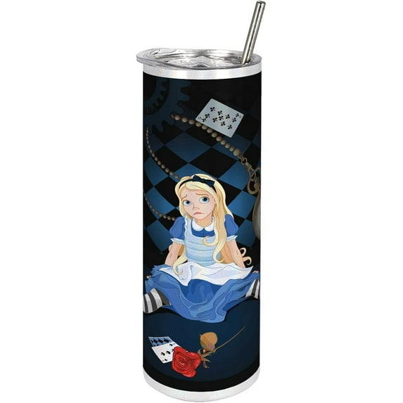 Alice in Wonderland 20 Oz Skinny Tumbler, Grown Giant Girl Sitting Flying Cards and Rose Checkered Cartoon, Leak-Proof Straw Lid and Brush Vacuum Insulated for Outdoor Use, Blue and Black
