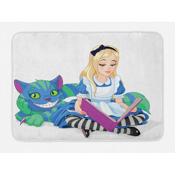 Alice in Wonderland Bath Mat, Alice Reading Book Cat Colorful World Happiness Love Character Image, Non-Slip Plush Mat Bathroom Kitchen Laundry Room Decor, 29.5 X 17.5 Inches, Multicolor, Ambesonne
