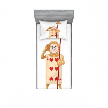 Alice in Wonderland Bedding Set with Sheet & Covers, Playing Card Illustration 6 of Hearts Girl Fiction Theme, Printed Bedroom Decor 2 Shams, 4 Sizes, Ecru Pale Brown Red, by Ambesonne