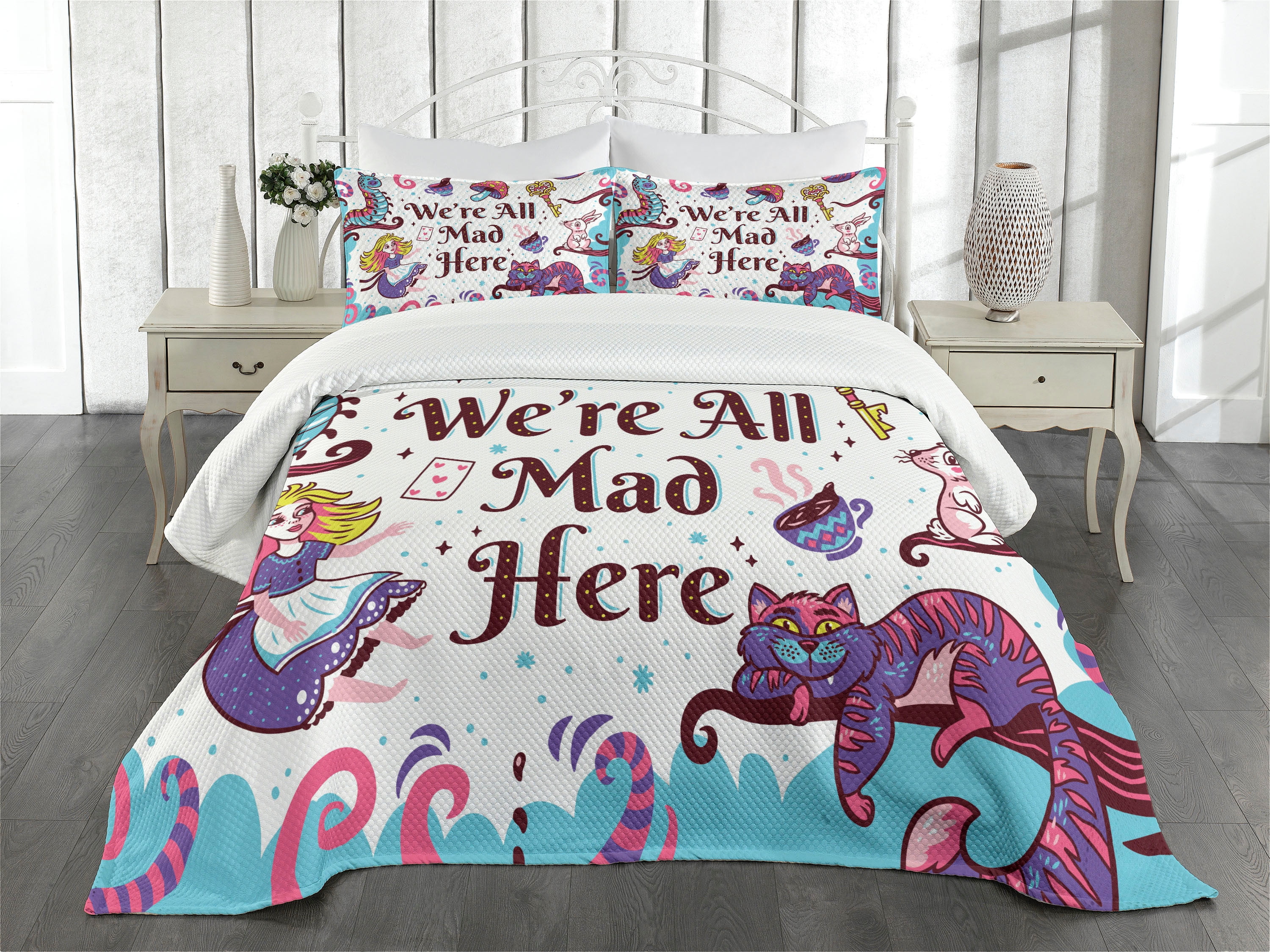 Alice in Wonderland Bedspread, We Are All Mad Here Words with