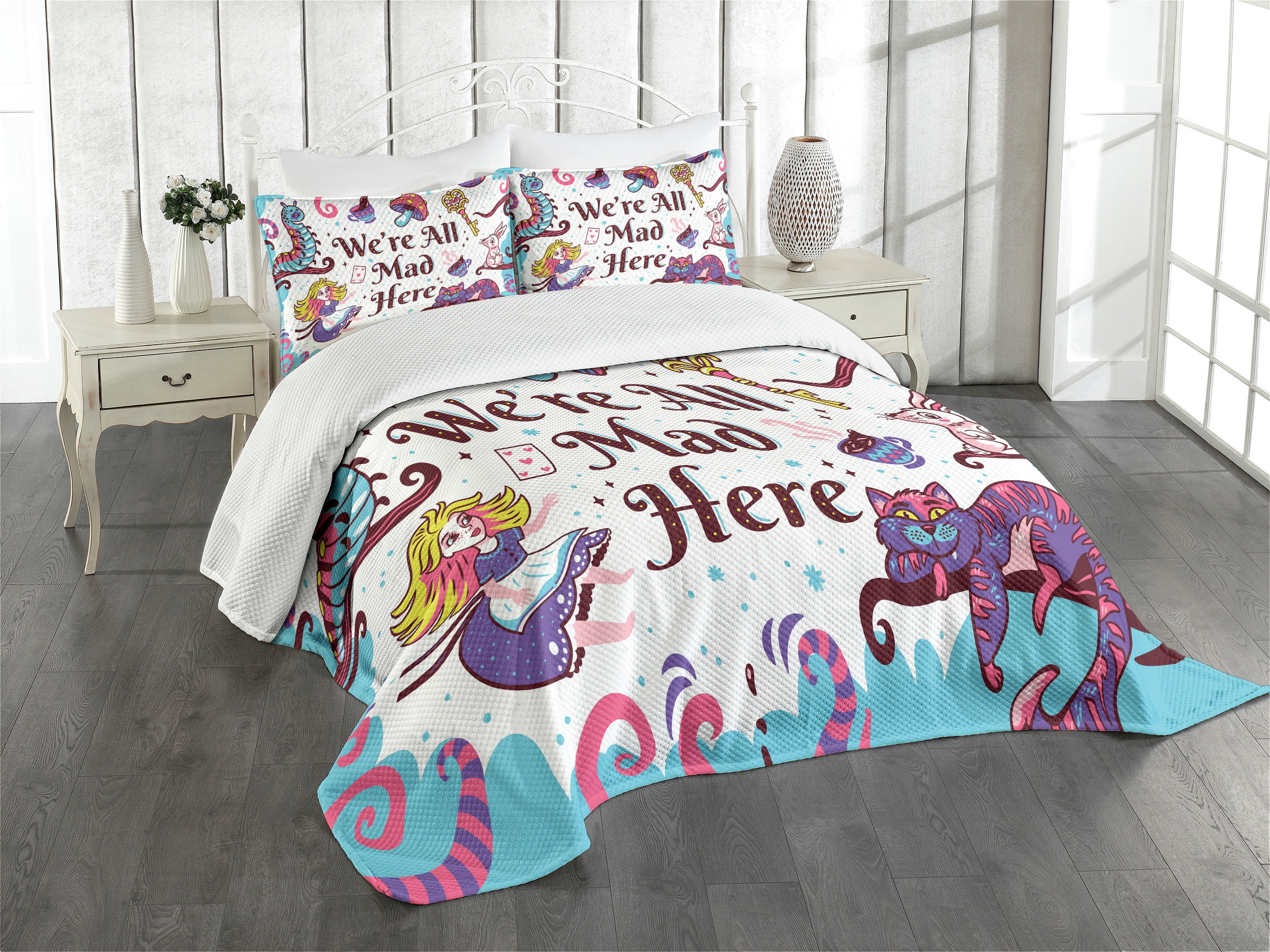 Alice in Wonderland Bedspread, We Are All Mad Here Words with