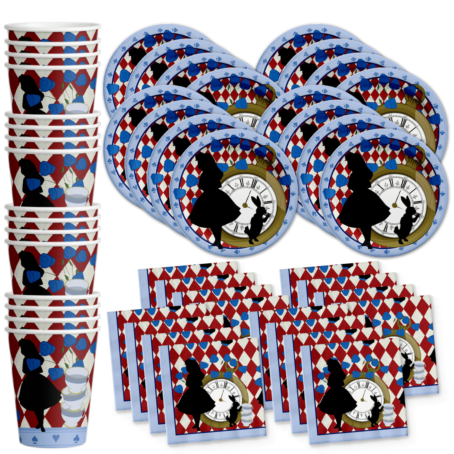 CAILESS Alice Birthday Party Decorations - Alice in Wonderland Party  Supplies 70pcs, Included Birthday Banner Tablecloth Paper Plates Cups  Tissues