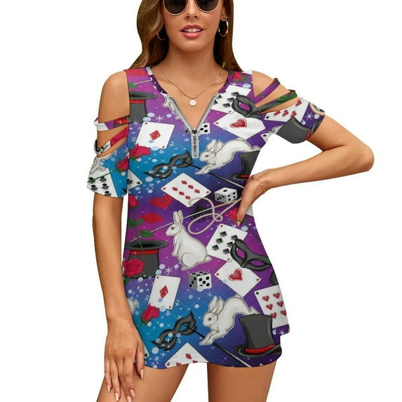 Alice Wonderland Cards Womens Summer V Neck Zipper Top Short Sleeve T Shirt Off Shoulder Top Casual Classy Loose Shirts