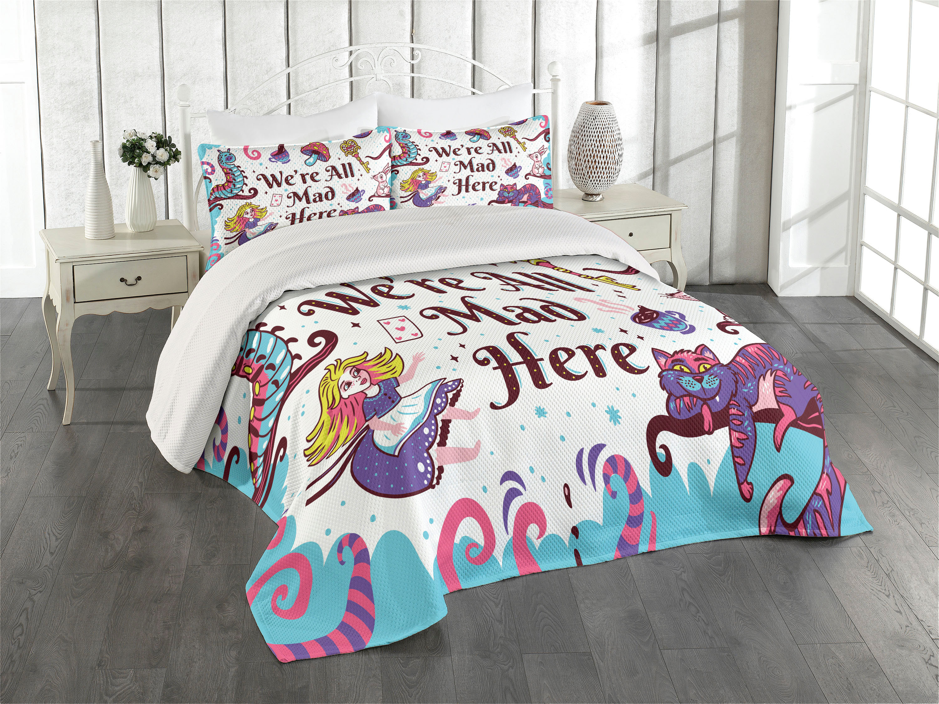 Alice in Wonderland Coverlet, We Are All Mad Here Words with