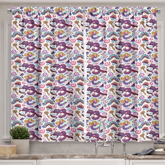 Alice in Wonderland Curtains 2 Panels Set, Fantasy World Fairy Tale Concept with Hand-Drawn Caterpillar Cat Rabbit, Window Drapes for Living Room Bedroom, 55W X 39L Inches, Multicolor, by Ambesonne
