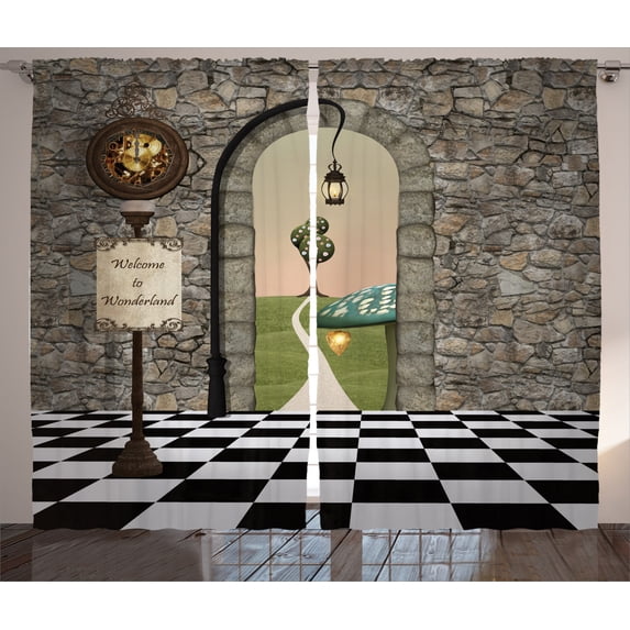 Ambesonne Cartoon Curtains 2 Panel Set, Wonderland Alice Art Motif, 108" x 84", Multicolor