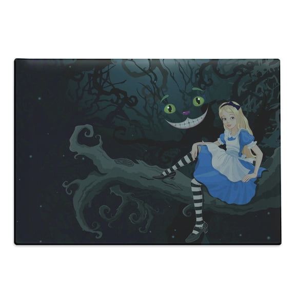 Alice in Wonderland Cutting Board, Alice Sitting on Branch and Chescire Cat in Darkness Cartoon Style, Decorative Tempered Glass Cutting and Serving Board, Large Size, Multicolor, by Ambesonne