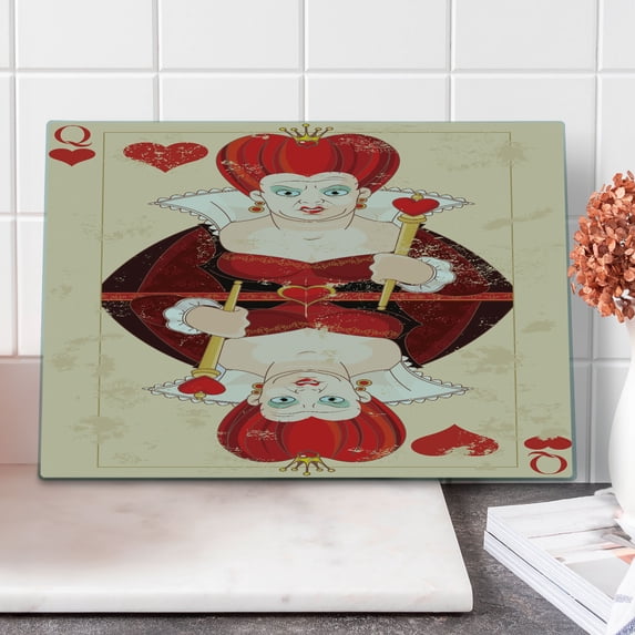 Alice in Wonderland Cutting Board, Queen Cards Playing Alice Character in Fictional Print, Decorative Tempered Glass Cutting and Serving Board, Large Size, Red Brown Ecru, by Ambesonne