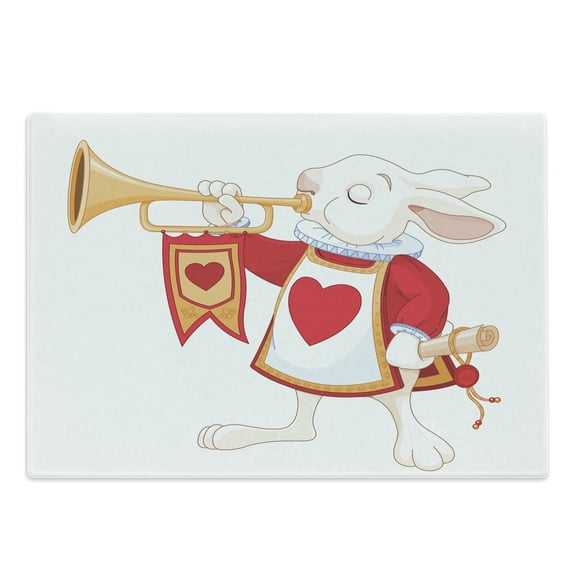 Alice in Wonderland Cutting Board, Rabbit Playing Royal Trumpet with Heart Design Animal Card, Decorative Tempered Glass Cutting and Serving Board, Large Size, Yellow White Red, by Ambesonne