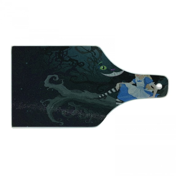 Alice in Wonderland Cutting Board, Alice Sitting on Branch and Chescire Cat in Darkness Cartoon Style, Decorative Tempered Glass Cutting and Serving Board, Wine Bottle Shape, Multicolor, by Ambesonne