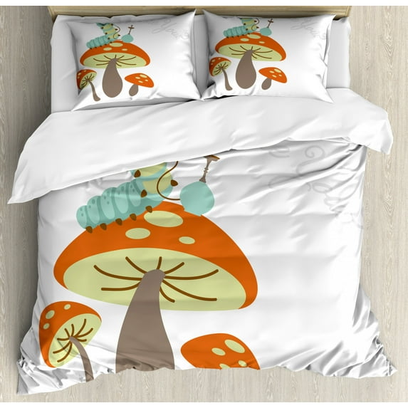 Alice in Wonderland Duvet Cover Set King Size, Hookah Smoking Caterpillar Sitting on a Mushroom and Asking Who are You, Decorative 3 Piece Bedding Set with 2 Pillow Shams, Multicolor, by Ambesonne