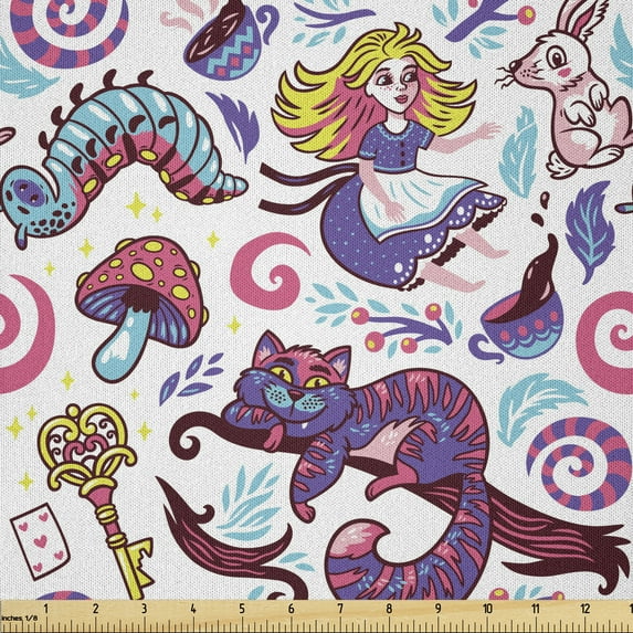 Alice in Wonderland Fabric by The Yard, Fantasy World Concept Hand-Drawn Caterpillar Cat Rabbit, Microfiber Fabric for Arts and Crafts Textiles & Decor, 1 Yard, Purple Pink, by Ambesonne