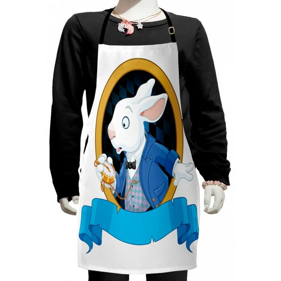 Alice in Wonderland Kids Apron, Rabbit Pocket Watch Design Alice Fantasy World, Boys Girls Apron Bib with Adjustable Ties for Cooking Baking Painting, Blue White Earth Yellow, by Ambesonne