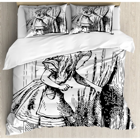 Alice in Wonderland King Size Duvet Cover Set, Black and White Alice Looking Through Curtains Hidden Door Adventure, Decorative 3 Piece Bedding Set with 2 Pillow Shams, Black White, by Ambesonne