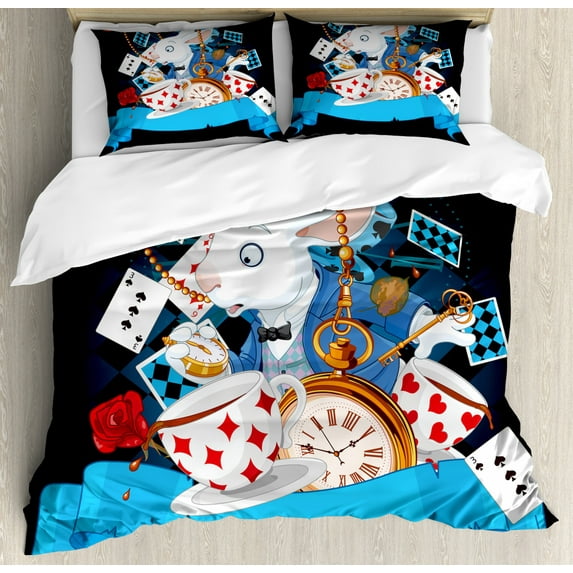 Alice in Wonderland King Size Duvet Cover Set, Rabbit Motion Cups Hearts and Flower Character Alice Cartoon Style, Decorative 3 Piece Bedding Set with 2 Pillow Shams, Multicolor, by Ambesonne