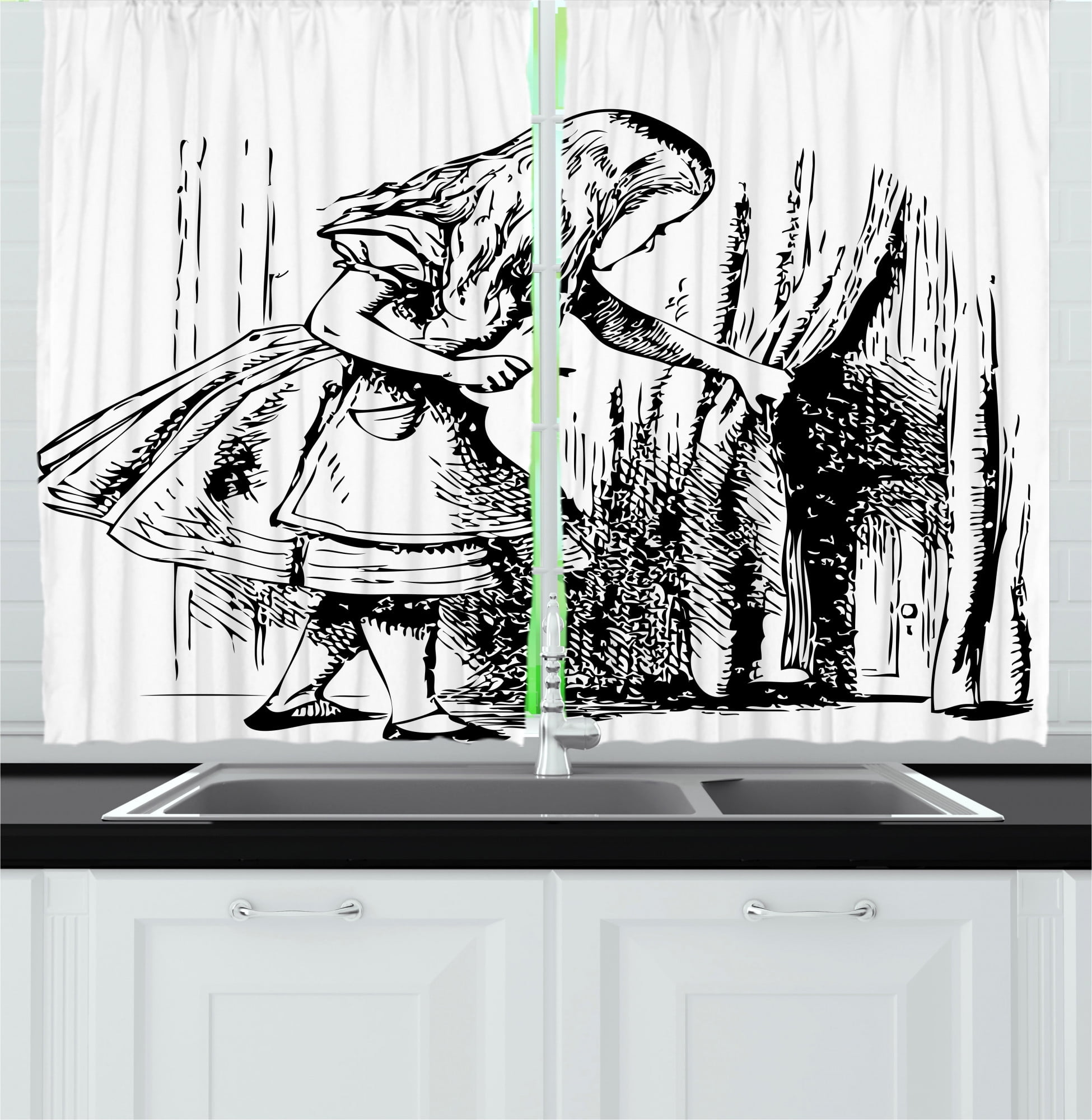 Alice in Wonderland Kitchen Curtains, Black and White Alice Looking Through Curtains Hidden Door Adventure, Two Panels Drapes with Rod Pocket Room