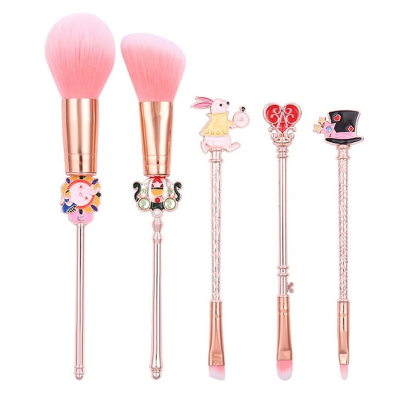 Alice in Wonderland Makeup Brush Set - 5pcs Cute Makeup Brushes with Premium Synthetic Fiber and Metal Handle for Blush, Foundation, Eyebrow, Eyeshadow, and Lips, Gift for Sister Teenager Girl