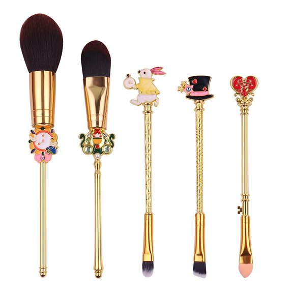 Alice in Wonderland Makeup Brush Set - 5pcs Cute Makeup Brushes with Premium Synthetic Fiber and Metal Handle for Blush, Foundation, Eyebrow, Eyeshadow, and Lips, Gift for Sister Teenager Girl