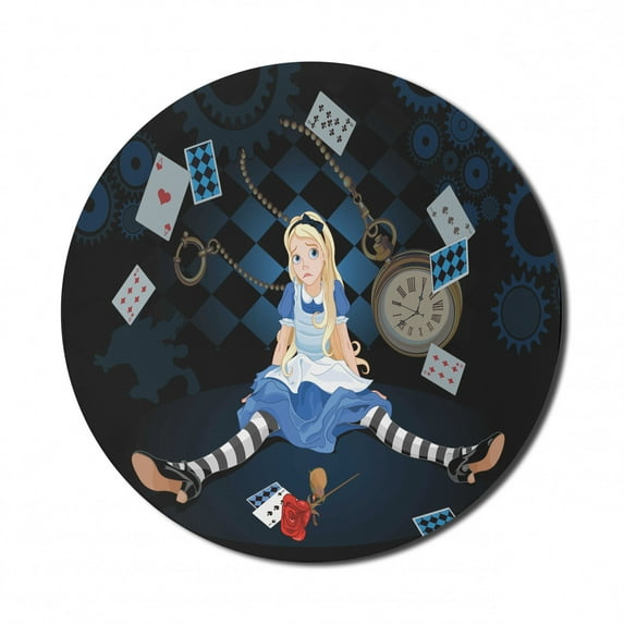 Alice in Wonderland Mouse Pad for Computers, Grown Giant Girl Sitting Flying Cards and Rose Checkered Cartoon, Round Non-Slip Thick Rubber Modern Gaming Mousepad, 8" Round, Multicolor, by Ambesonne