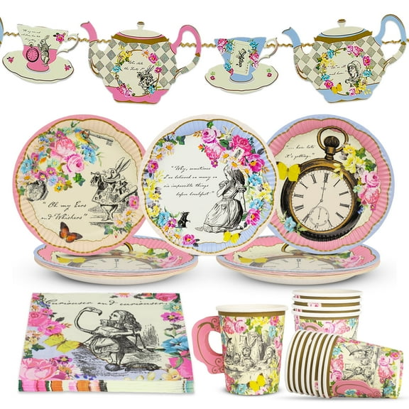 Alice in Wonderland Party Decorations For Mother's Day | Tableware for 16 Guests, Plates Napkins Teacups Bunting Tablecover | Mad Hatter Afternoon Tea Supplies For Onederland Birthday, Baby Shower
