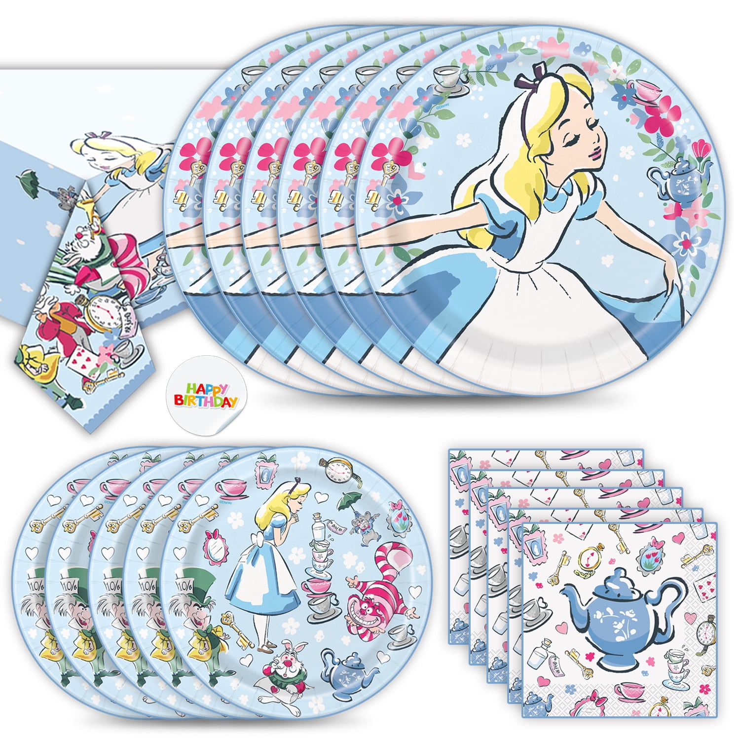 Alice in Wonderland Party Supplies for 16 - Large Paper Plates, Dessert Plates, Napkins & Table Cover - Great Birthday Tableware Set with Alice
