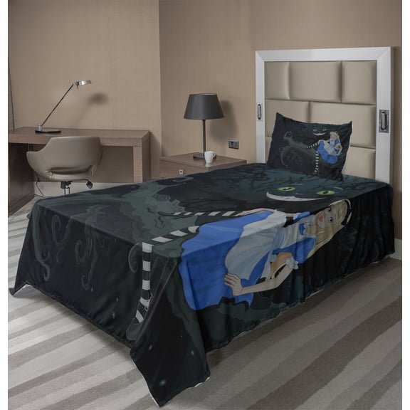 Alice in Wonderland Sheet Set, Alice Sitting on Branch and Chescire Cat in Darkness Cartoon Style, Fitted and Flat Sheet with Pillowcase Bedding Accent 3 Piece Set, Twin XL, Multicolor, by Ambesonne